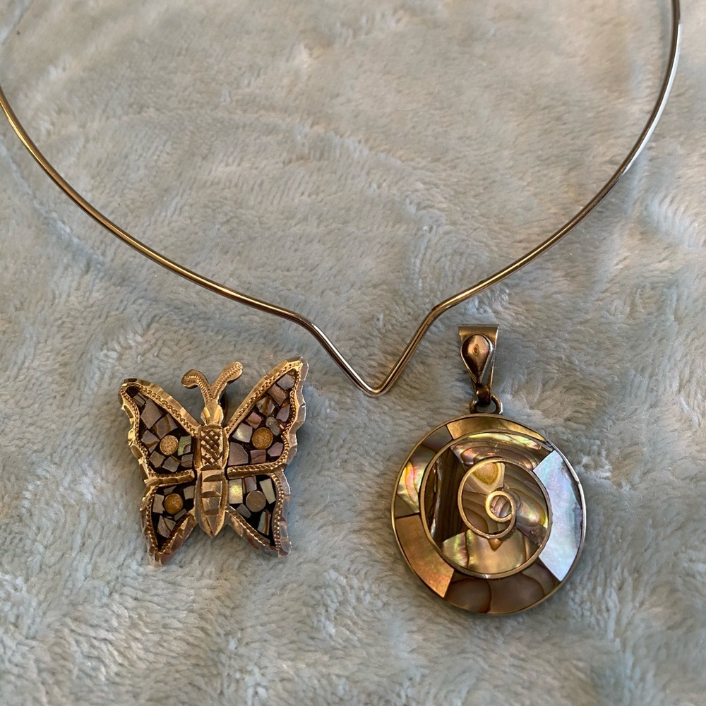 ⬇️Abalone inset silver butterfly and shell pendant